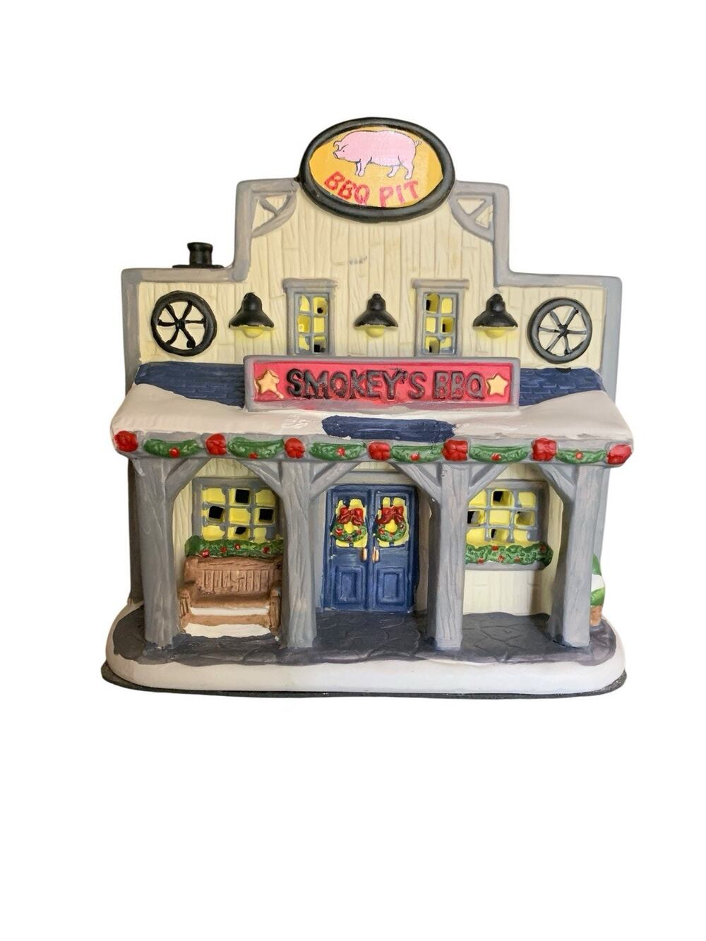 Smokey's BBQ Lighted Porcelain Christmas Village Holiday Time Country Charm 2017